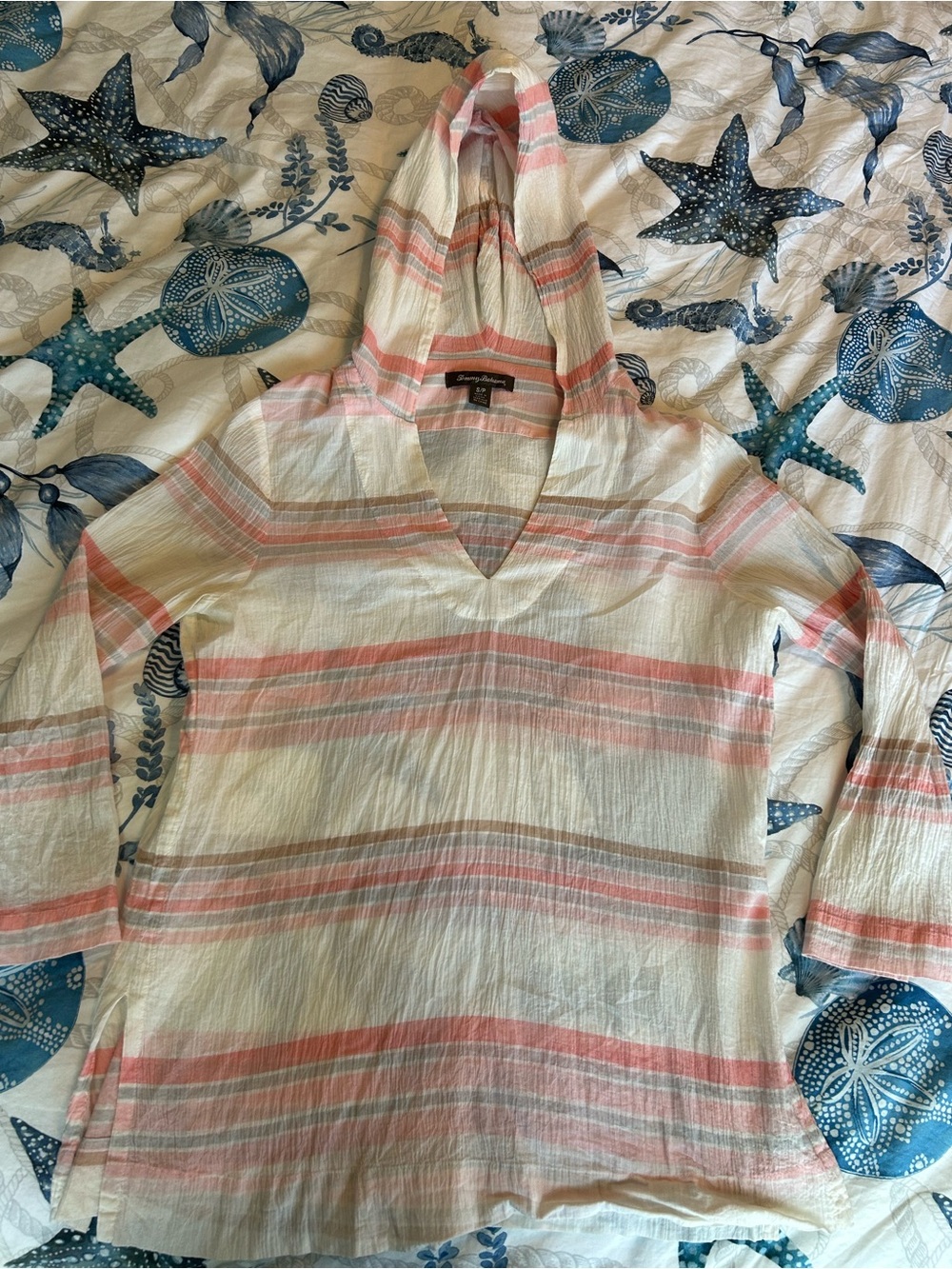 Tommy Bahama Pink & Cream Striped Cotton Hooded Tunic